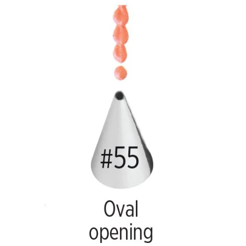 Metallic cone-shaped piping tip nozzle with '#55' and 'Oval opening' text on a white background