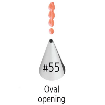 Metallic cone-shaped piping tip nozzle with '#55' and 'Oval opening' text on a white background
