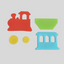 Three colorful fondat pieces shaped like parts of a train, including a red locomotive, a light blue passenger car, and a green cargo container, with two yellow circular wheels shown separately, arranged on a light gray background.