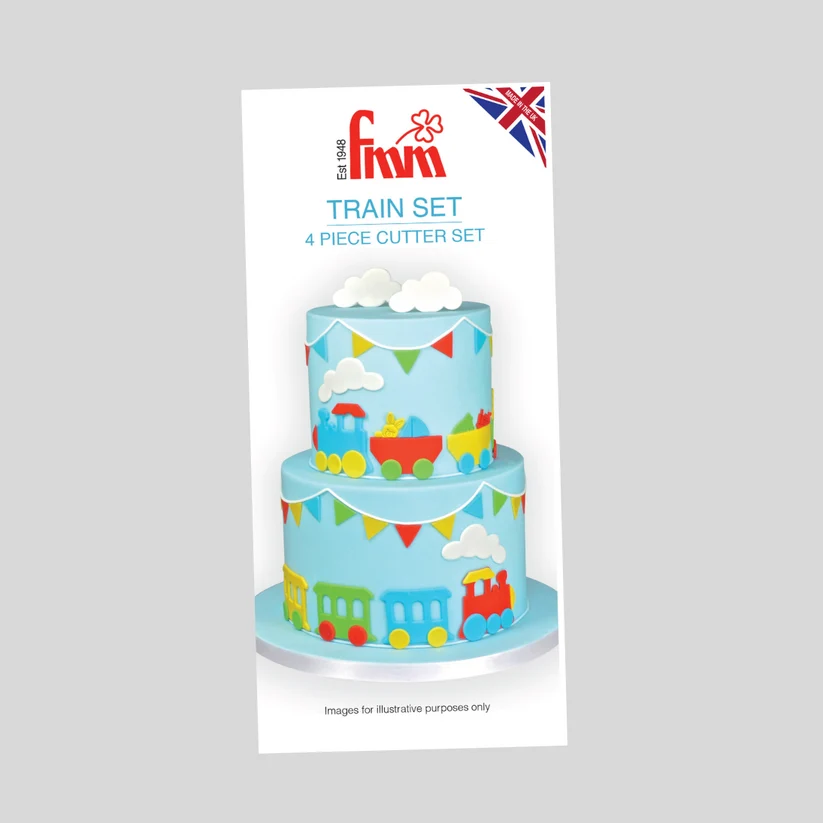 A 4-piece cake cutter set designed for train-themed parties, featuring a two-tiered light blue cake decorated with colorful trains, clouds, and bunting. The product is shown on its white retail packaging card against a solid gray background.