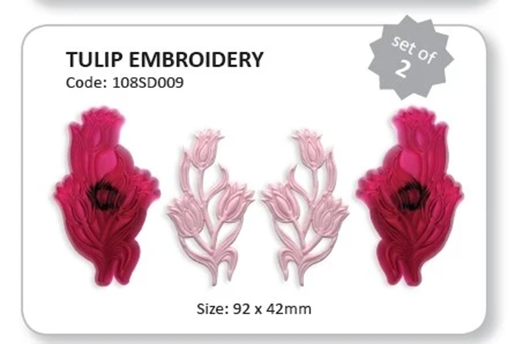 Tulip embroidery design card showing two pairs of embroidered tulip motifs in shades of pink and magenta, with text reading 'TULIP EMBROIDERY', 'Code: 108SD009', 'set of 2', and 'Size: 92 x 42mm'.