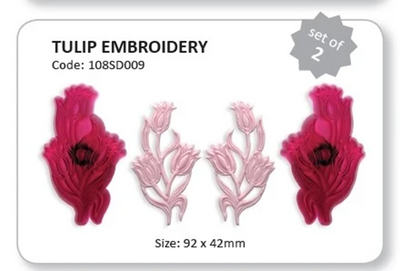Tulip embroidery design card showing two pairs of embroidered tulip motifs in shades of pink and magenta, with text reading 'TULIP EMBROIDERY', 'Code: 108SD009', 'set of 2', and 'Size: 92 x 42mm'.