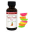 Bottle of LorAnn Oils Super-Strength Tutti Frutti Flavor with colorful gummy candy slices on a white background
