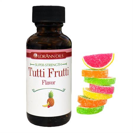 Bottle of LorAnn Oils Super-Strength Tutti Frutti Flavor with colorful gummy candy slices on a white background