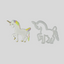 A white unicorn-shaped fondant cut out with a pastel rainbow mane, tail, and gold horn, shown beside a white plastic matching outline cutter on a plain light gray background.