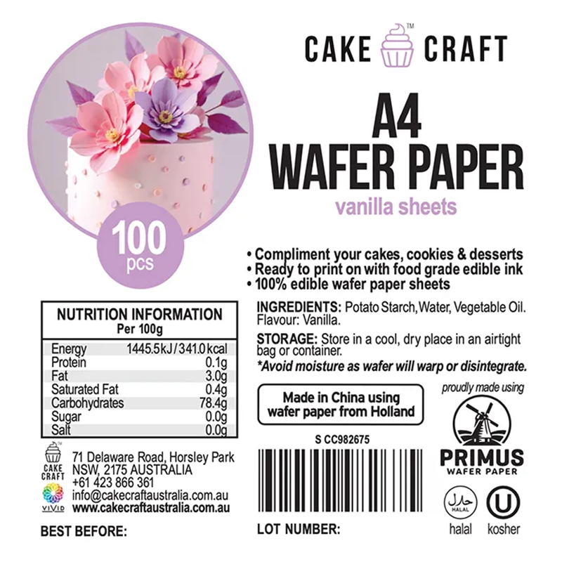 Cake Craft A4 wafer paper label with product details and branding.