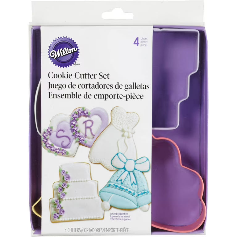 Wilton cookie cutter set packaging with wedding themed cookie cutters and branding.