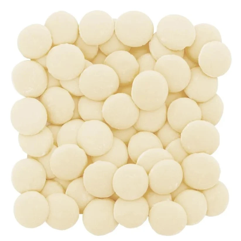 A pile of small, round, off-white candy discs arranged in a square shape on a plain white background.