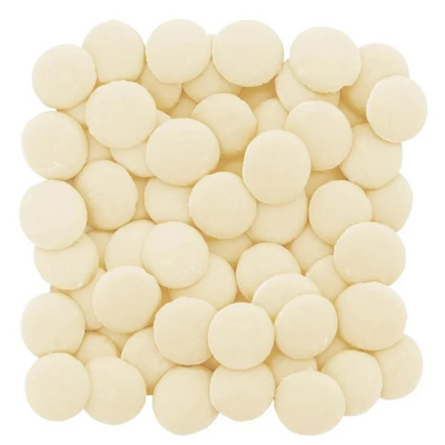 A pile of small, round, off-white candy discs arranged in a square shape on a plain white background.
