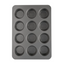 A dark gray non-stick 12-cup muffin tin with a rectangular shape and rounded corners, shown from a top-down perspective on a solid white background.