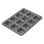 A dark gray non-stick 12-cup muffin tin shown at an angle on a plain white background.