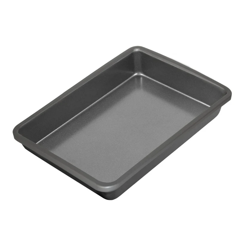 Gray rectangular baking tray on a white background