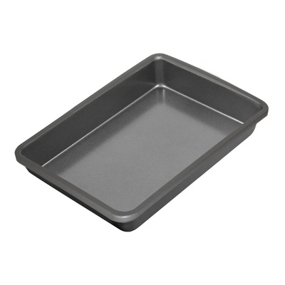 Gray rectangular baking tray on a white background