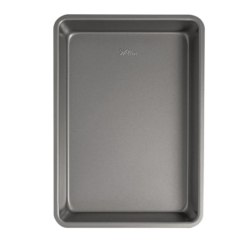 Gray baking tray with 'Wilton' branding on a white background
