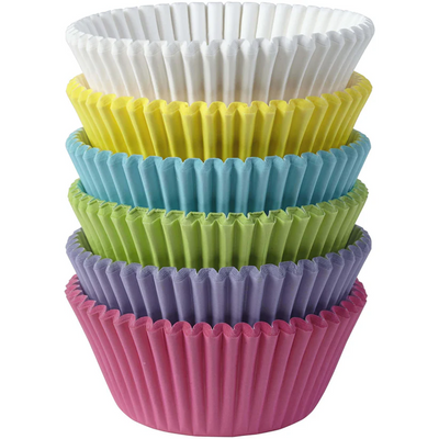 Stack of colorful cupcake liners in white, yellow, blue, green, and pink on a white background.