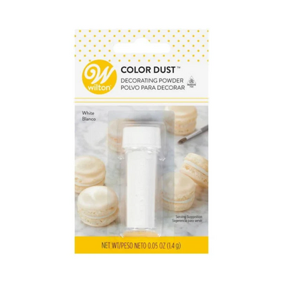 Wilton Color Dust decorating powder packaging with white macarons on a white background