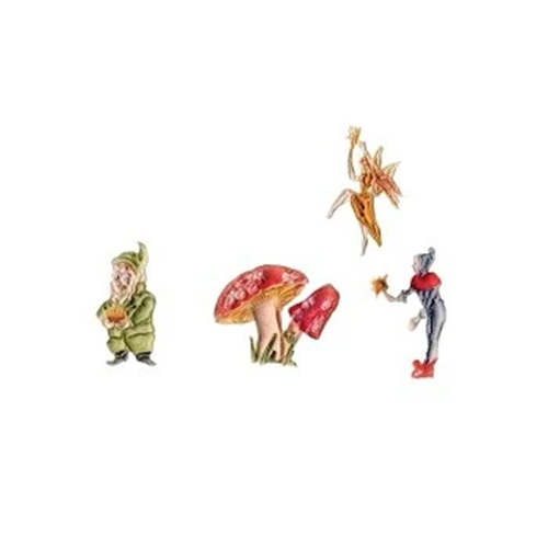 Three small fantasy figurines and two red mushrooms on a plain white background: a green-clad elf holding a cup, a floating fairy in gold, and a gray character in a red top and red shoes holding a star. Made from fondant