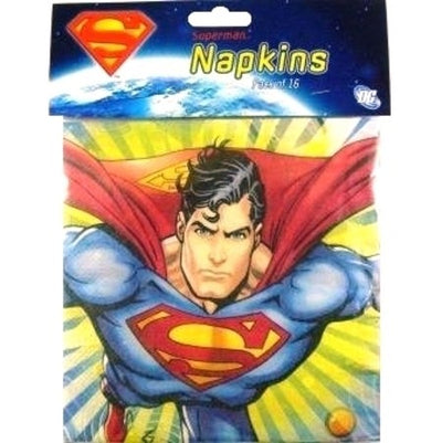 A pack of Superman party napkins featuring an illustration of the superhero character Superman on the packaging.