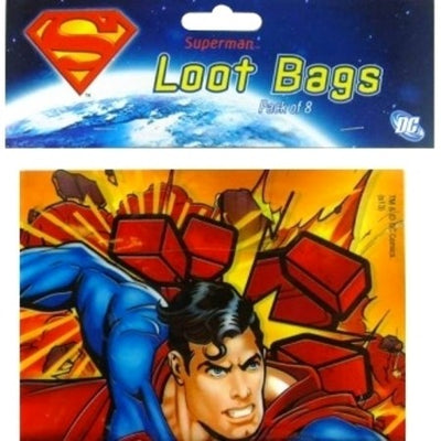 A pack of eight Superman-branded loot bags, featuring an illustration of Superman in a dynamic pose with a red and yellow color scheme.