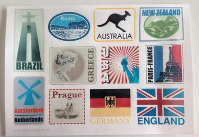 Wafer paper sheet Luggage suitcase travel labels world cities style 1
