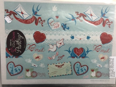 Wafer paper sheet Love mail (blue swallows)