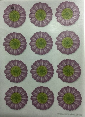 Wafer paper sheet 12 purple flowers daisy type