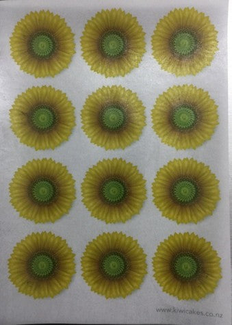 Wafer paper sheet 12 yellow flowers gerbera sunflower type