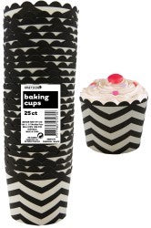 Straight sided cupcake papers black with white chevron pattern.