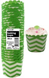 Straight sided cupcake papers green with white chevron pattern.