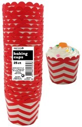 Straight sided cupcake papers red with white chevron pattern.