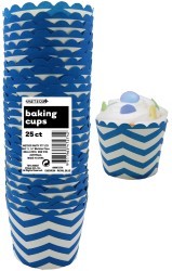 Straight sided cupcake papers royal blue with white chevron pattern.