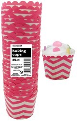 Straight sided cupcake papers hot pink with white chevron pattern.