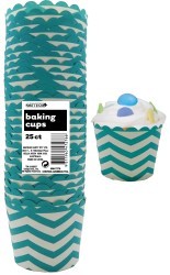 Straight sided cupcake papers Caribbean teal with white chevron pattern.