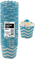 Straight sided cupcake papers powder blue with white chevron pattern.