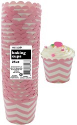 Straight sided cupcake papers baby pink with white chevron pattern.