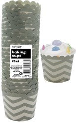 Straight sided cupcake papers silver with white chevron pattern.
