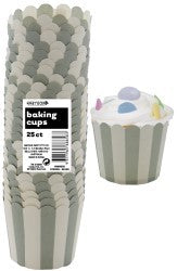 Straight sided cupcake papers Silver grey with white stripes