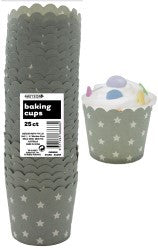 Straight sided cupcake papers Silver Grey with white stars