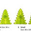 Eight translucent lime green Christmas tree-shaped icing cutters arranged on a plain white background, varying in size. showing sizing's on the chart