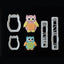 A set of icing cutters in the shapes of mummy and baby owls, with accompanying beak, feet, wings, tummy panel, and eyes strips, all in pastel colors.