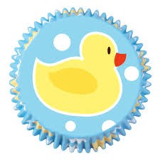 Yellow Rubber Ducky standard sized cupcake papers, baby blue background