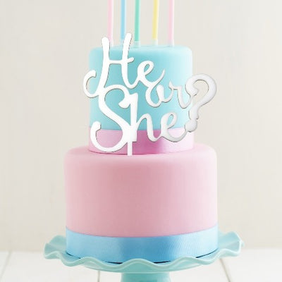 Gender Reveal Baby Shower White acrylic topper He or She?