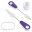 A set of purple and white cake decorating tools including a bag cutter and cleaning brushes.