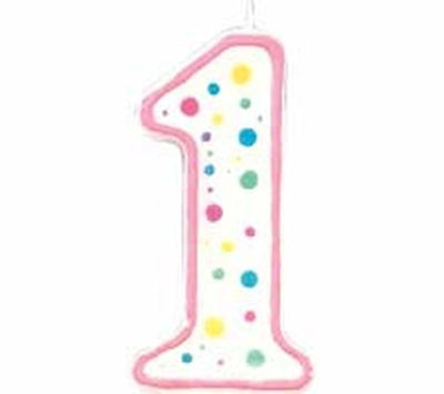 Pink border No 1 numeral Polka Dot Sprinkles number candle