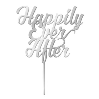 Silver Mirror Acrylic cake topper pick Happily ever after