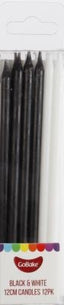 A pack of twelve black and white candles, each 12cm in height, presented in a clear packaging with a blue and orange label.