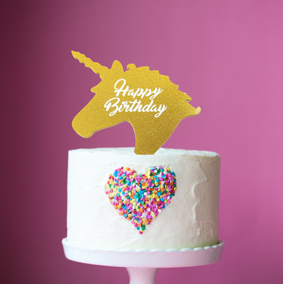 Unicorn head cake topper Gold Happy birthday