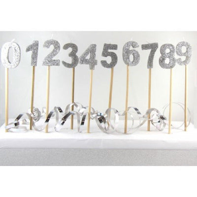 Long wooden pick candle Number 6 Silver Glitter