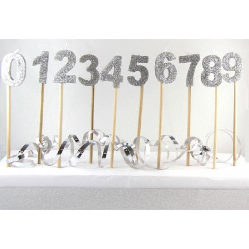 Long wooden pick candle Number 8 Silver Glitter