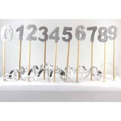 Long wooden pick candle Number 8 Silver Glitter